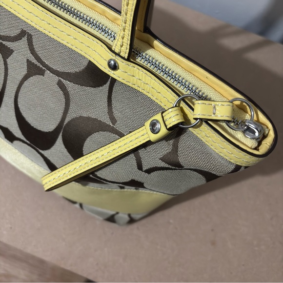 Coach Signature Canvas Yellow Stripe Leather Trim Shoulder Tote Trapezoid Bag - Picture 8 of 15